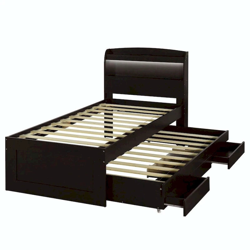 Lit plateforme XL avec tête de lit LED et lit gigogne coulissant
