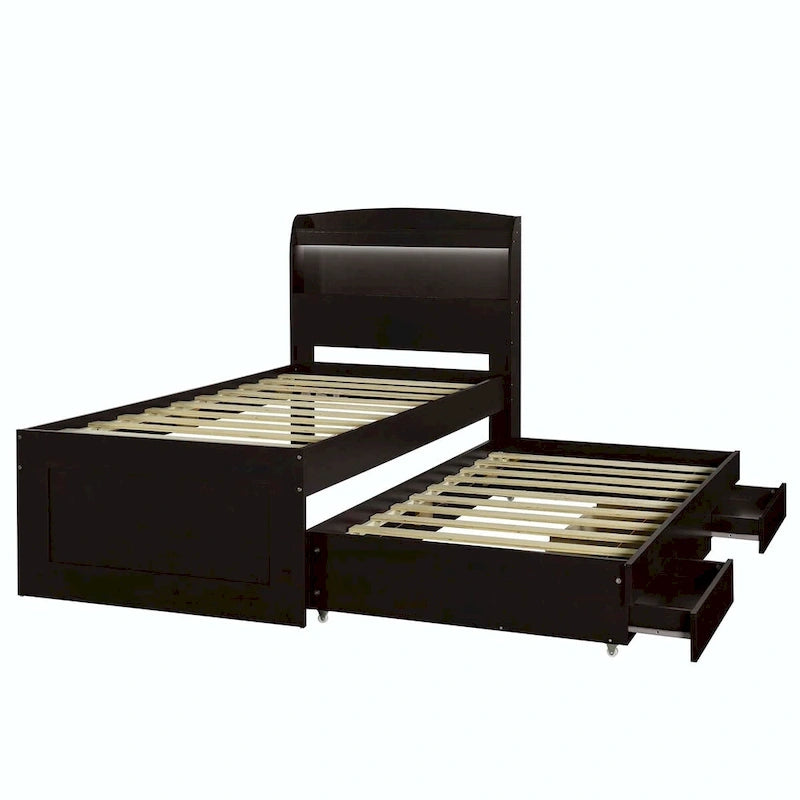 Lit plateforme XL avec tête de lit LED et lit gigogne coulissant