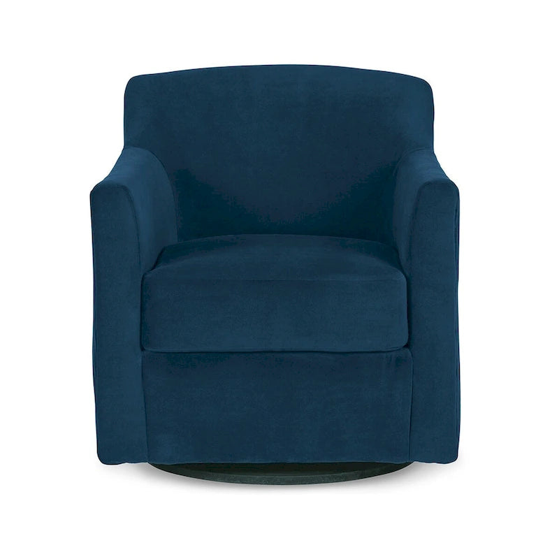 Chaise pivotante, revêtement en velours bleu, accoudoirs design, cadre en bois noir.