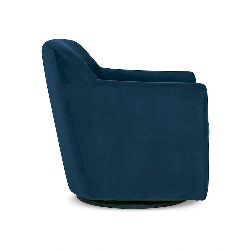 Chaise pivotante, revêtement en velours bleu, accoudoirs design, cadre en bois noir.