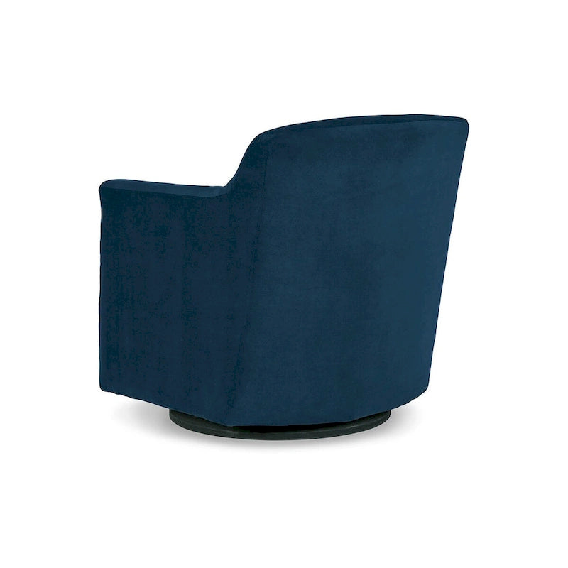 Chaise pivotante, revêtement en velours bleu, accoudoirs design, cadre en bois noir.