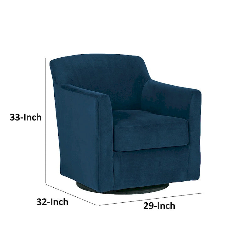 Chaise pivotante, revêtement en velours bleu, accoudoirs design, cadre en bois noir.
