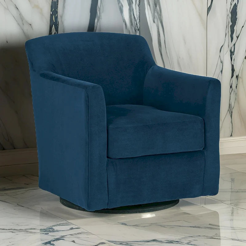 Chaise pivotante, revêtement en velours bleu, accoudoirs design, cadre en bois noir.